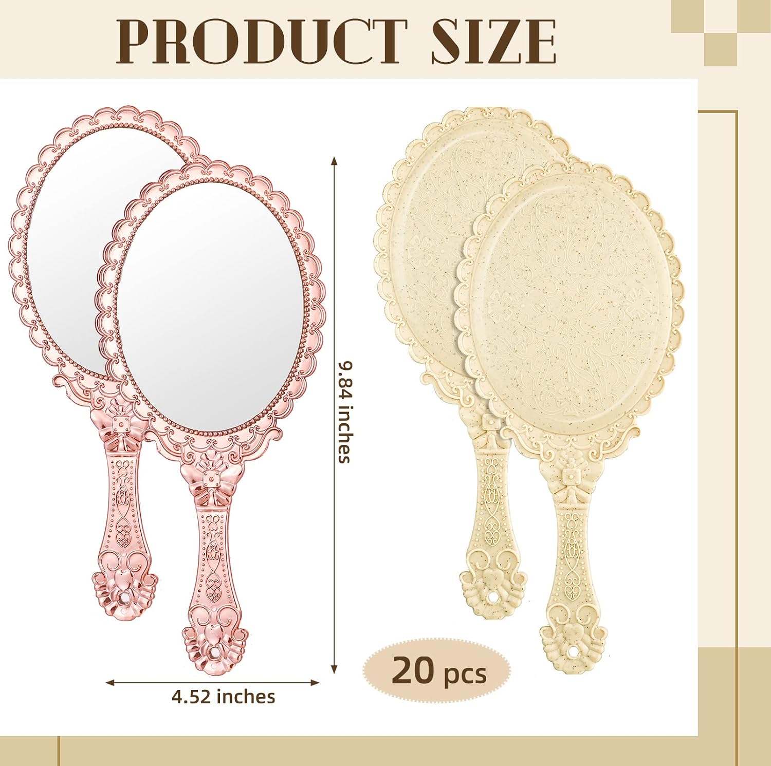 Namalu 20 Pcs Vintage Handheld Mirrors, 9.8" L x 4.5" W Portable Hand Held Embossed Flower Retro Compact Mirror with Handle for Women Face Makeup Travel(Beige, Rose Gold)