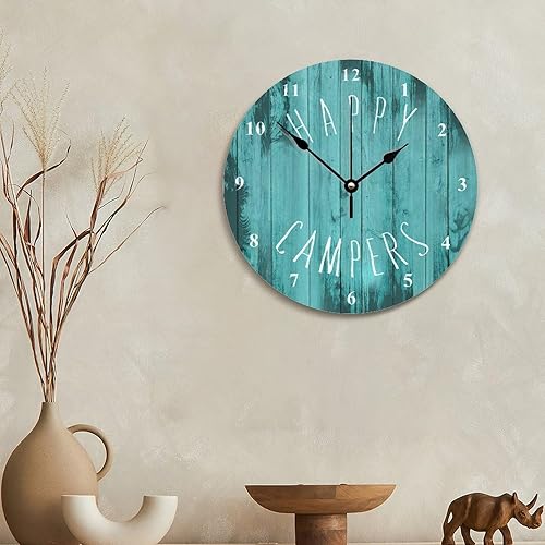 Miniatura 4 de Happy Campers - Reloj de pared turquesa para jubilación, casa rodante, camping, reloj de madera de 10 pulgadas, silencioso, sin tictac, funciona con