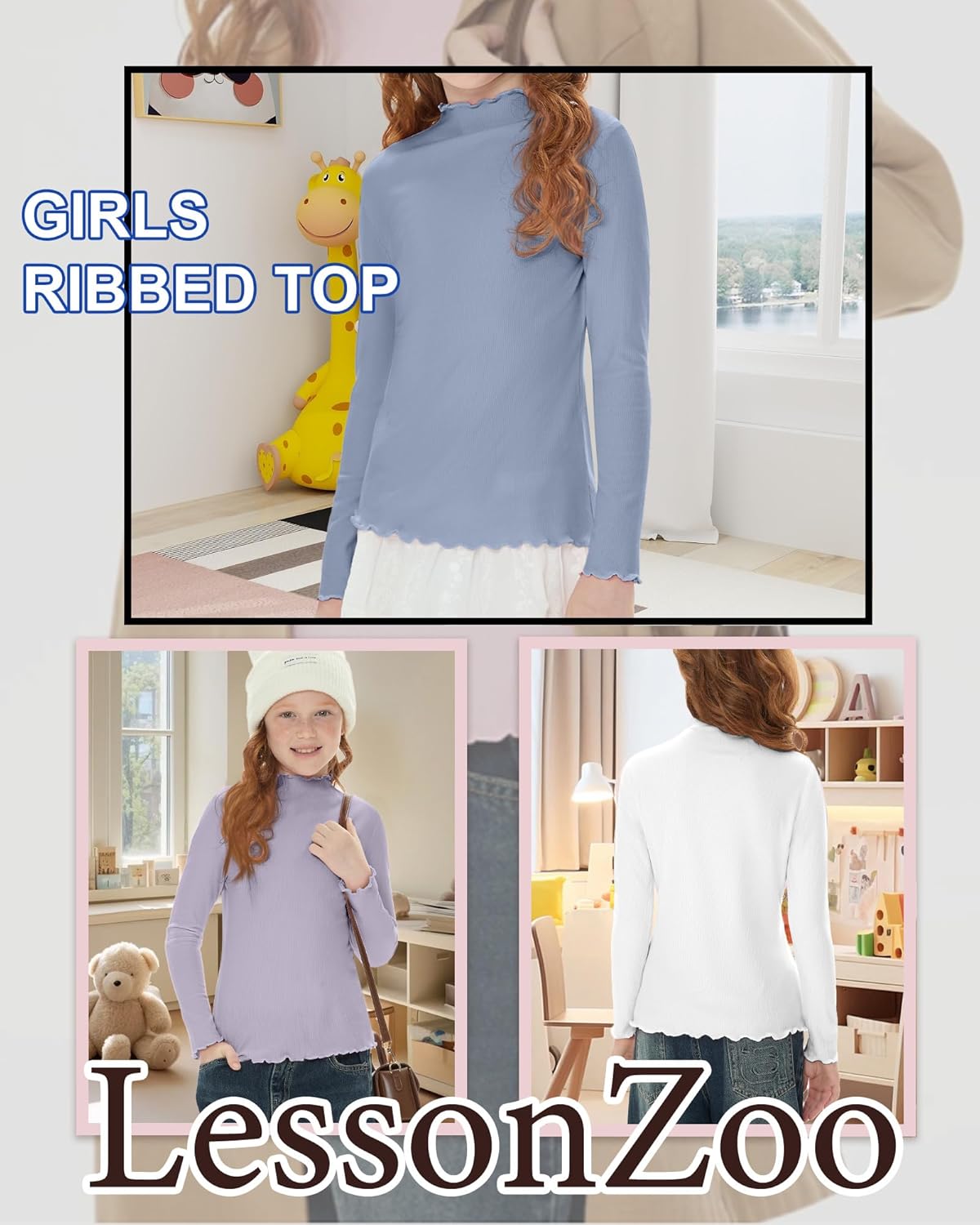 3 Pack Girls Lettuce Trim Mock Neck Cotton Long Sleeve Shirts, 5-14 Years Ribbed Slim Tops Casual Layer Basic Tees