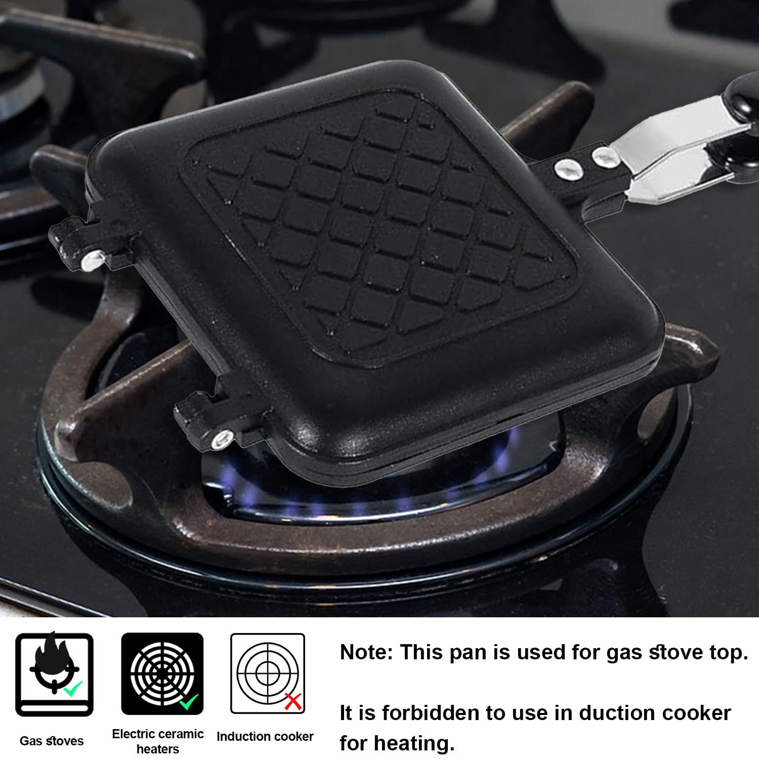 Sartén para sándwiches a la parrilla, tostada con asa, sartén abatible de aluminio antiadherente de doble cara para cocineros caseros, tostadas, cocina, desayuno, campamento, color negro 3