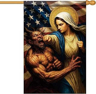Christian House Flag 28x40 Inch Virgin Mary Defeating Evil Garden Flag Double Sided Mother Halo USA Flag Background Yard Banner Outdoor Porch ration Religious Home Garden Church