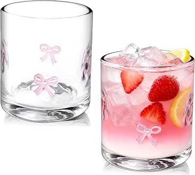 2 Pcs Icon Glass Cups Bow Icon Glasses 14oz Handblown Cocktail Glasses Aesthetic Drinking Glass Old Fashioned Iconic Glasses for Women Sister Friend Party Pink