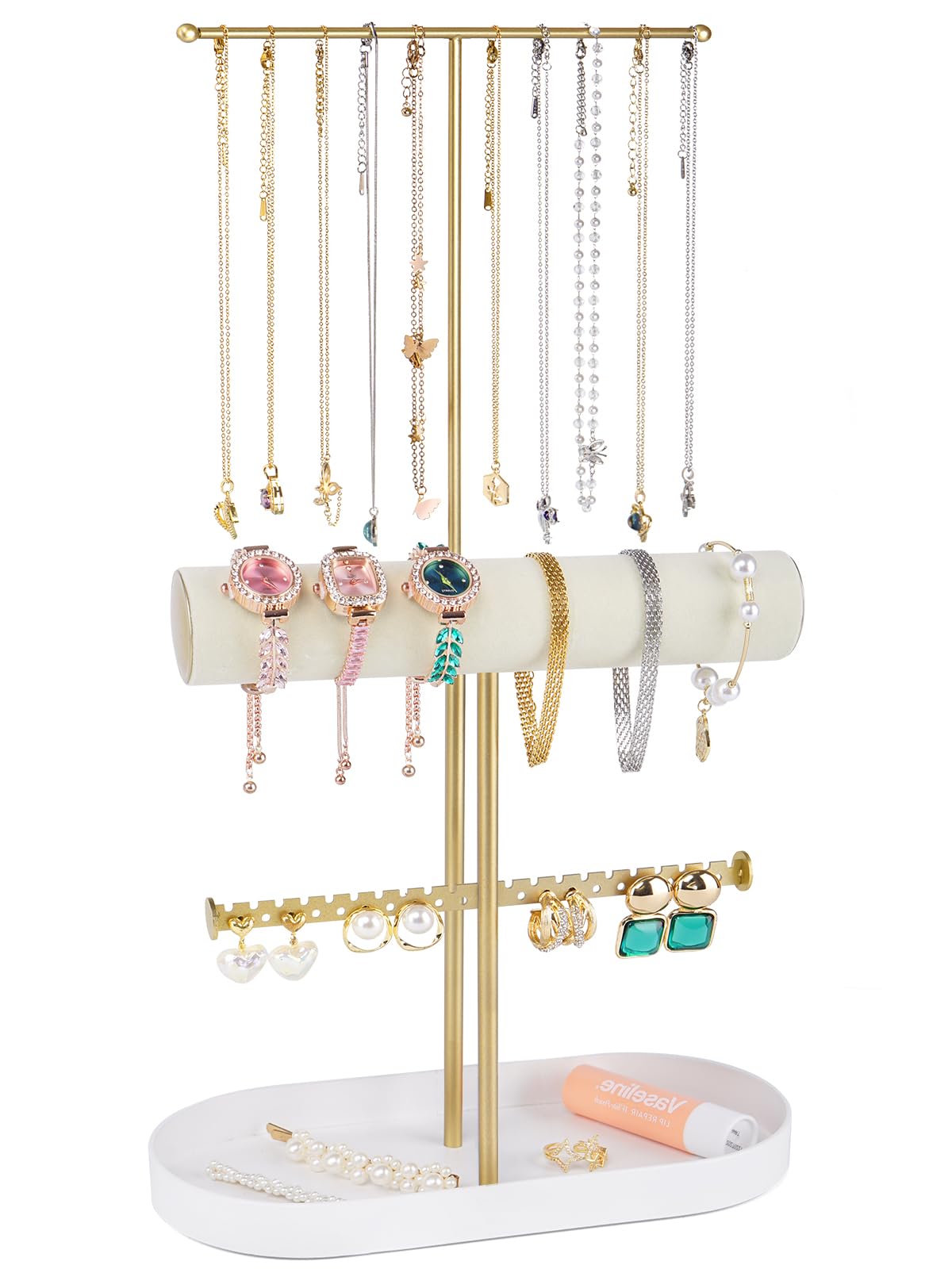 Jenseits 2-Tier Gold Jewelry Organizer Stand with Ring Holder & Tray – Elegant Jewelry Holder Display for Necklaces, Bracelets, Earrings, Rings, and Watches – Perfect Storage Rack & Gift for Women