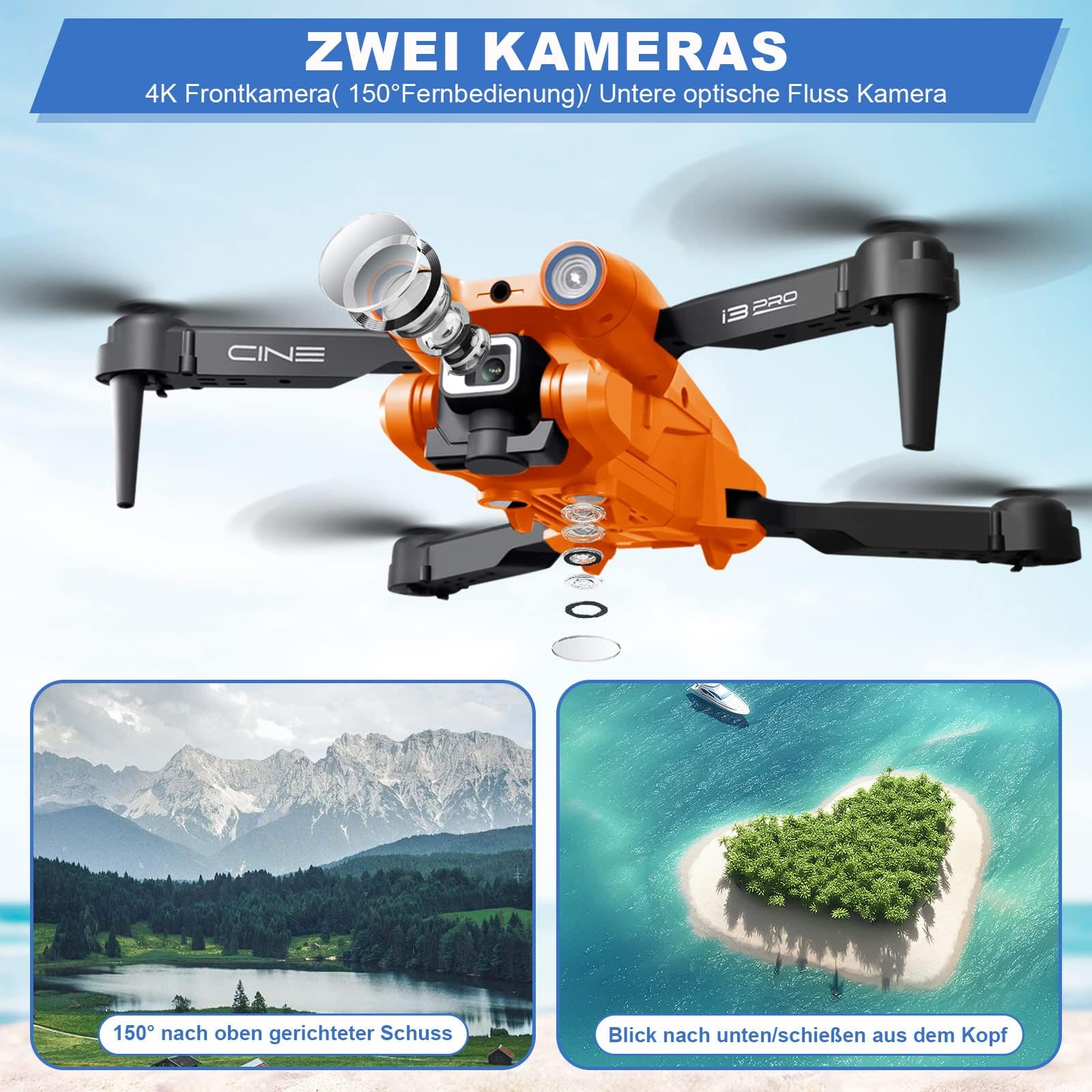 MINGPINHUIUS RC Drone con doppia fotocamera 4K HD, 1080P RC quadricottero con 2 batterie, evitare ostacoli modalità headless, controllo gesti principianti (arancione)