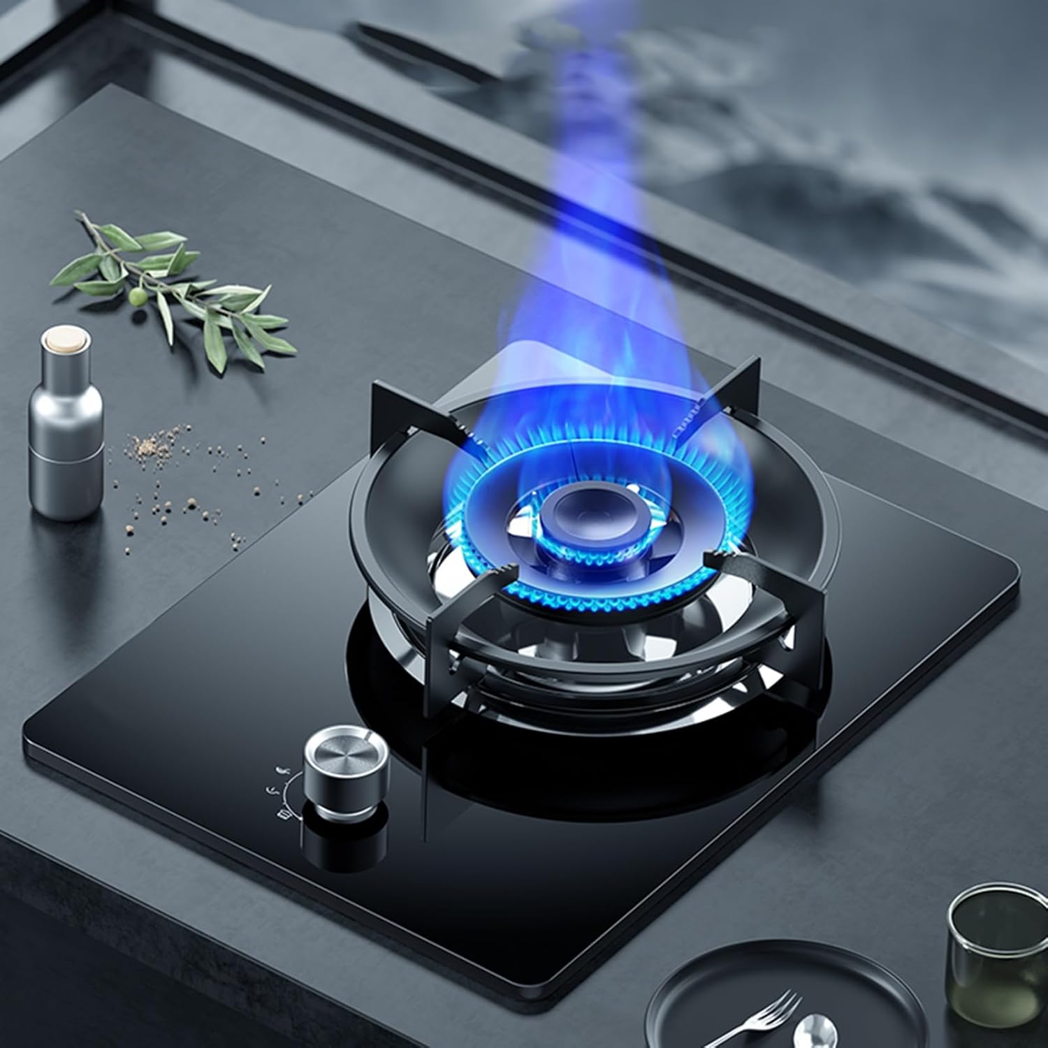 5.2KW Gas Stove,9-Cavity Fire Ring Wok Burner,Black Glass Top with Flameout Protection,for Home and Kitchen(LPG)
