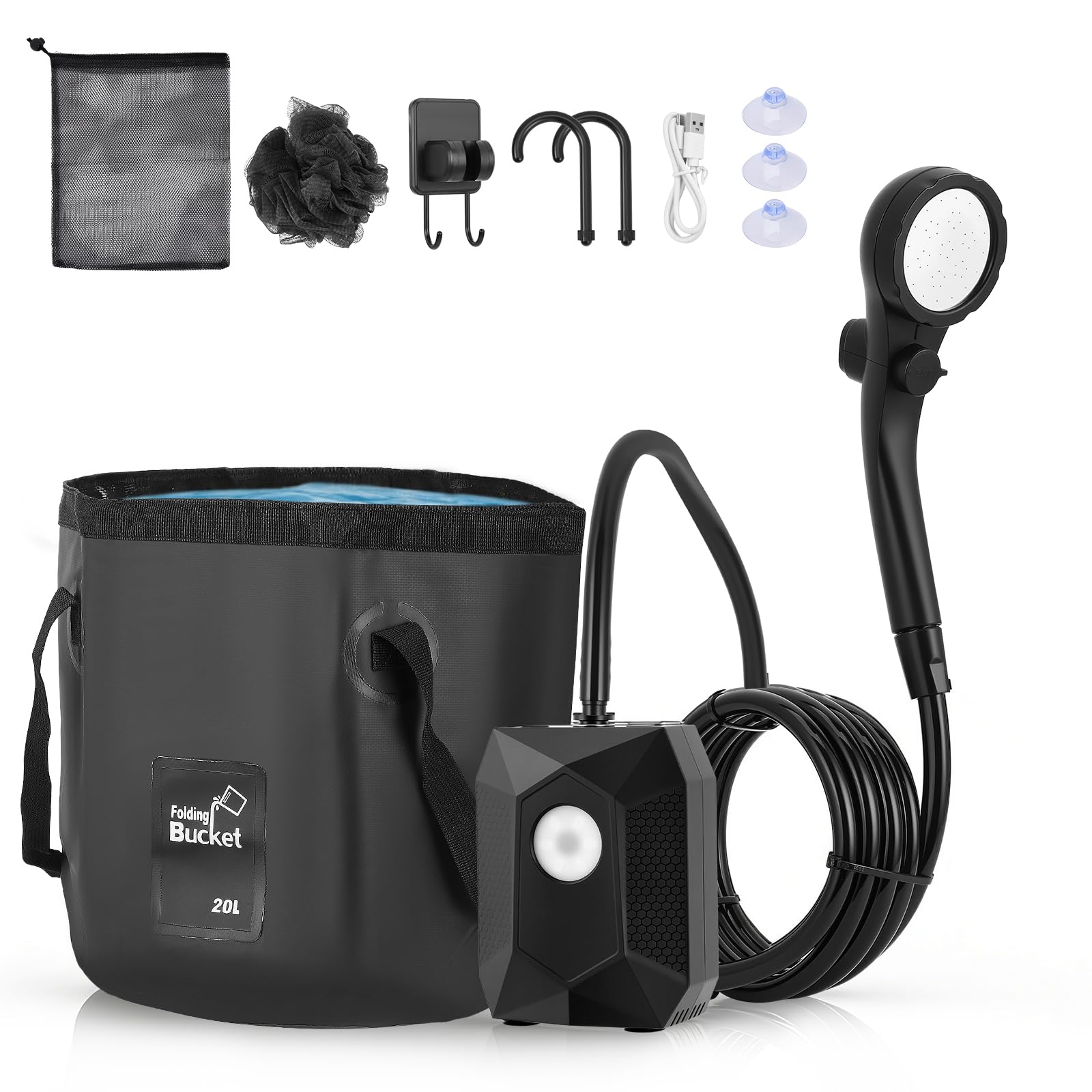 Ducha Portatil Camping Set - con Cubo Plegable 20L Luz LED y Bomba Recargable 6000mAh, Pantalla Digital, 5 Niveles de Flujo y Modos de Rociado, Ideal para Camping, Playa, Caravana, Mascotas y Jardín