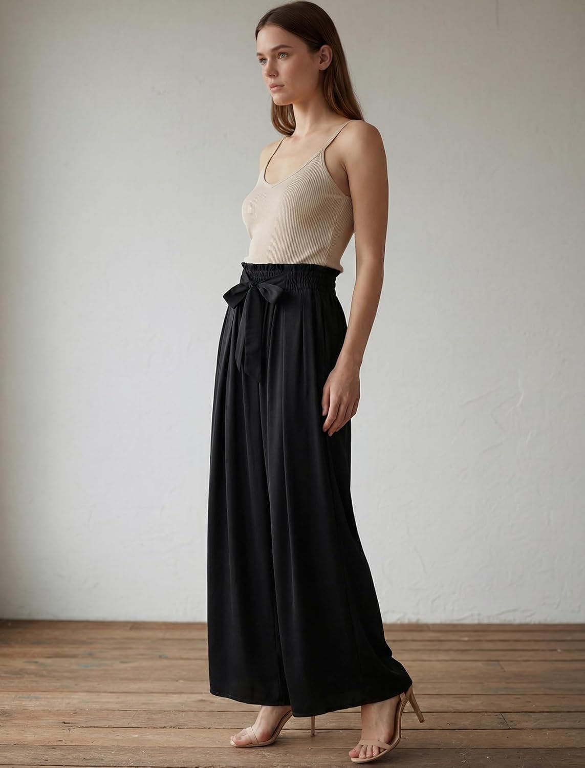 Wide Leg Casual Business Pants for Women Palazzo Trousers High Waisted Belted Flowy Summer Beach Long Slacks Pockets - Image 5