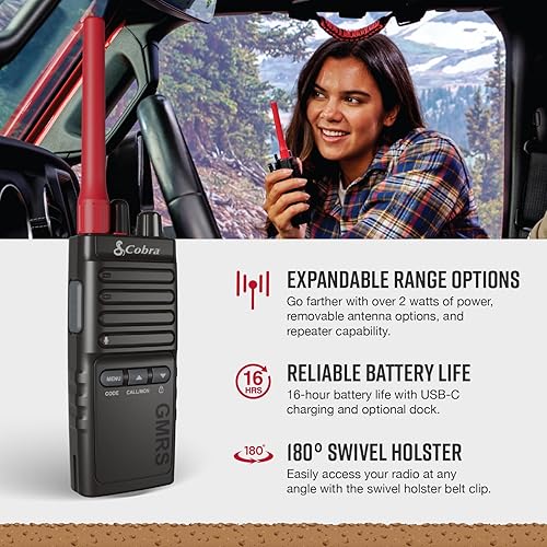 Miniatura 3 de Cobra Trailblazer 500 GMRS Radio (2-Pack) – Diseño resistente IP54 sin pantalla, walkie talkies de largo alcance de 2.5W, batería de 16 horas, funda