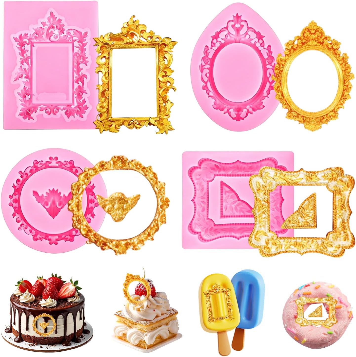 4 Pcs Baroque Photo Frame Silicone Molds – Pink, Non-Stick Clay Molds for Cake Toppers, Chocolate, Candy, DIY Crafts (Bow (Pink + Gray))
