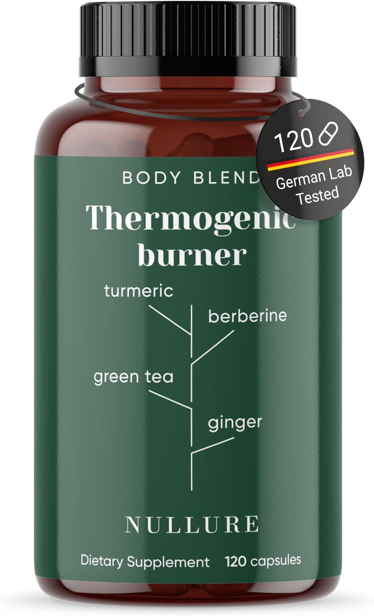 Nullure Natural Thermogenic Fat Burner I Vegan I Complete Formulation - Green Tea + Turmeric + Ginger + Berberine + Resveratrol + Garlic + Vitamin A + Piperine I 120 Capsules (2 Months)