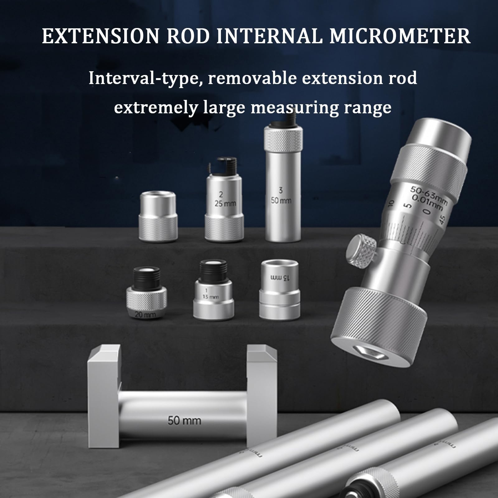 Micrómetro Interior Tubular Vernier, Tipo Varilla De Extensión, Máx. 50-600 Mm, Rango Opcional, Precisión De 0,01 Mm, con Varillas/calibrador Estándar, para Uso Industrial 50-250mm