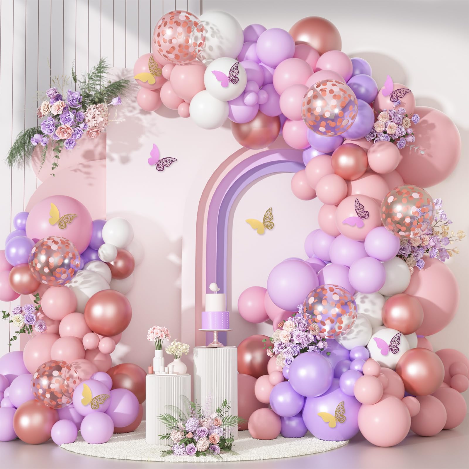 151PCS Pink Balloon Garland Arch Kit Rose Gold White Pink and Purple Balloons Confetti Latex Balloons Butterfly Stickers Decorations for Birthday Party Wedding Baby Bridal Shower Decorations