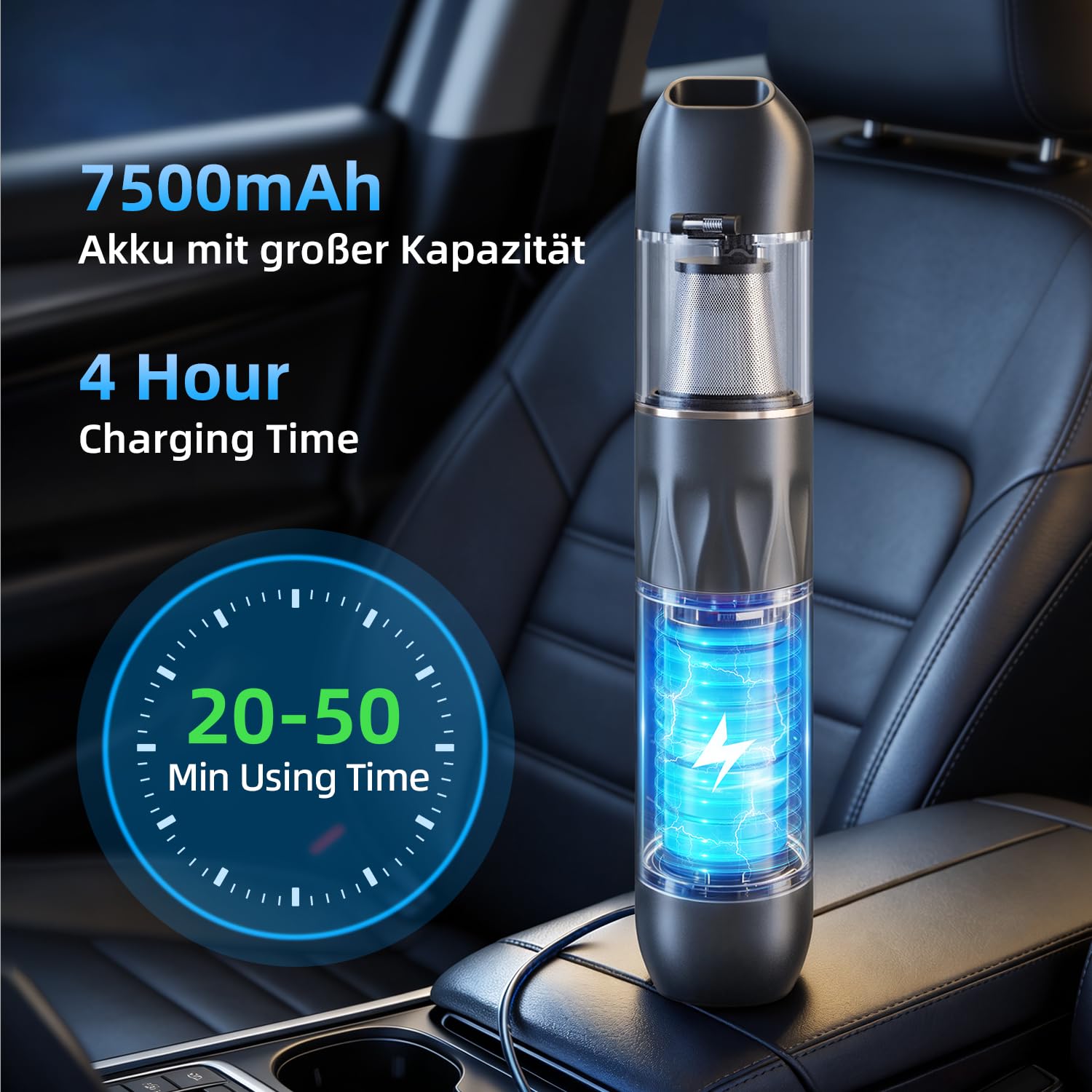 Ombrex 20000pa Handstaubsauger Akku, 3 IN 1 Auto Staubsauger Stark mit 4 Saugmodi, Portable Vacuum Cleaner für Auto, Haustiere,Sofa,Büro, Mini Staubsauger 7500mAh(Schwarz)
