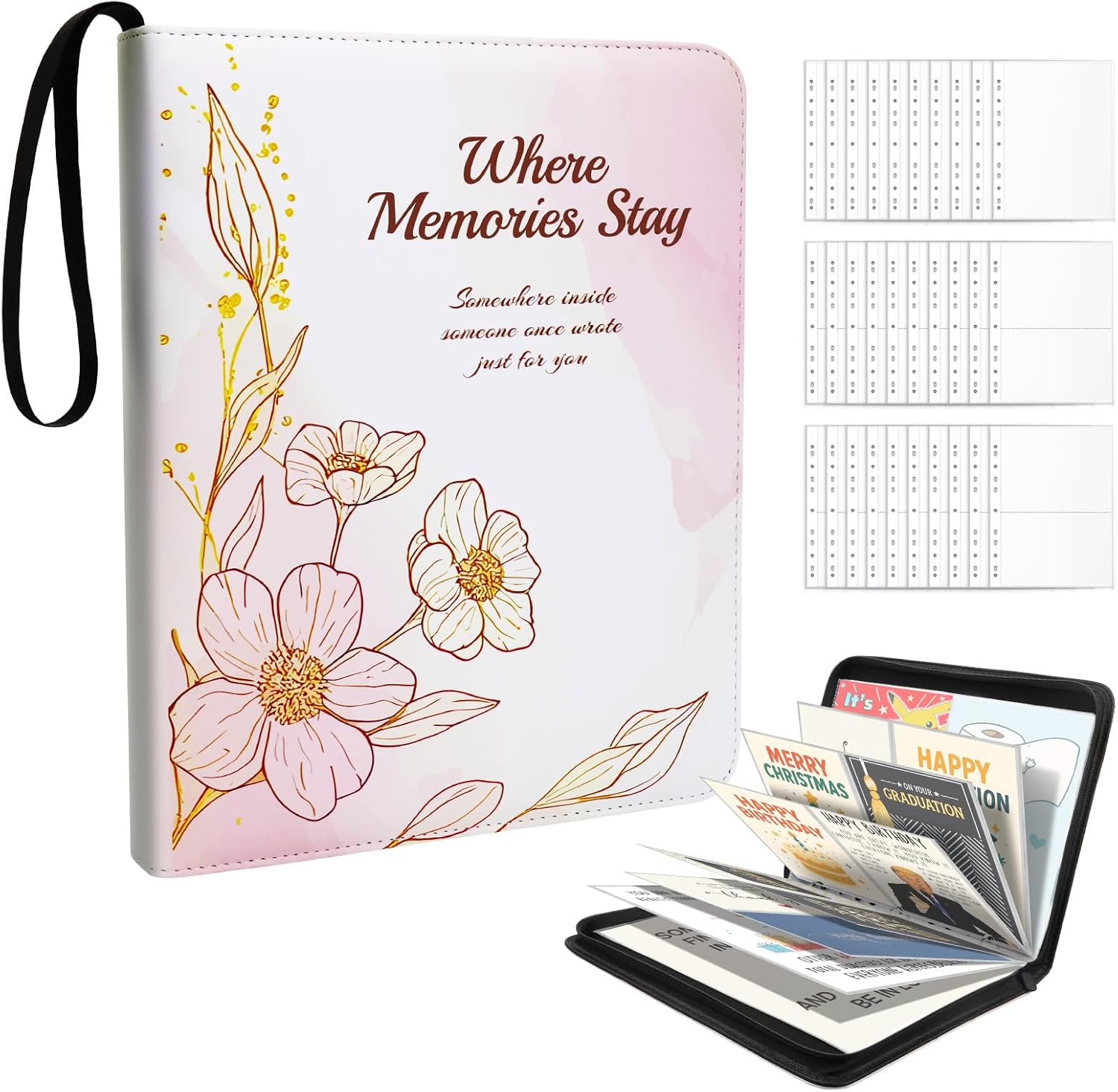 Greeting Card Organizer Binder-100 Pockets Post Card Album Holder with Clear Sleeves Zipper,PU Leather Post Card Holder for 5x7/8 A4 Cards Photos, Crafts, Envelopes, Scrapbooking, Stickers