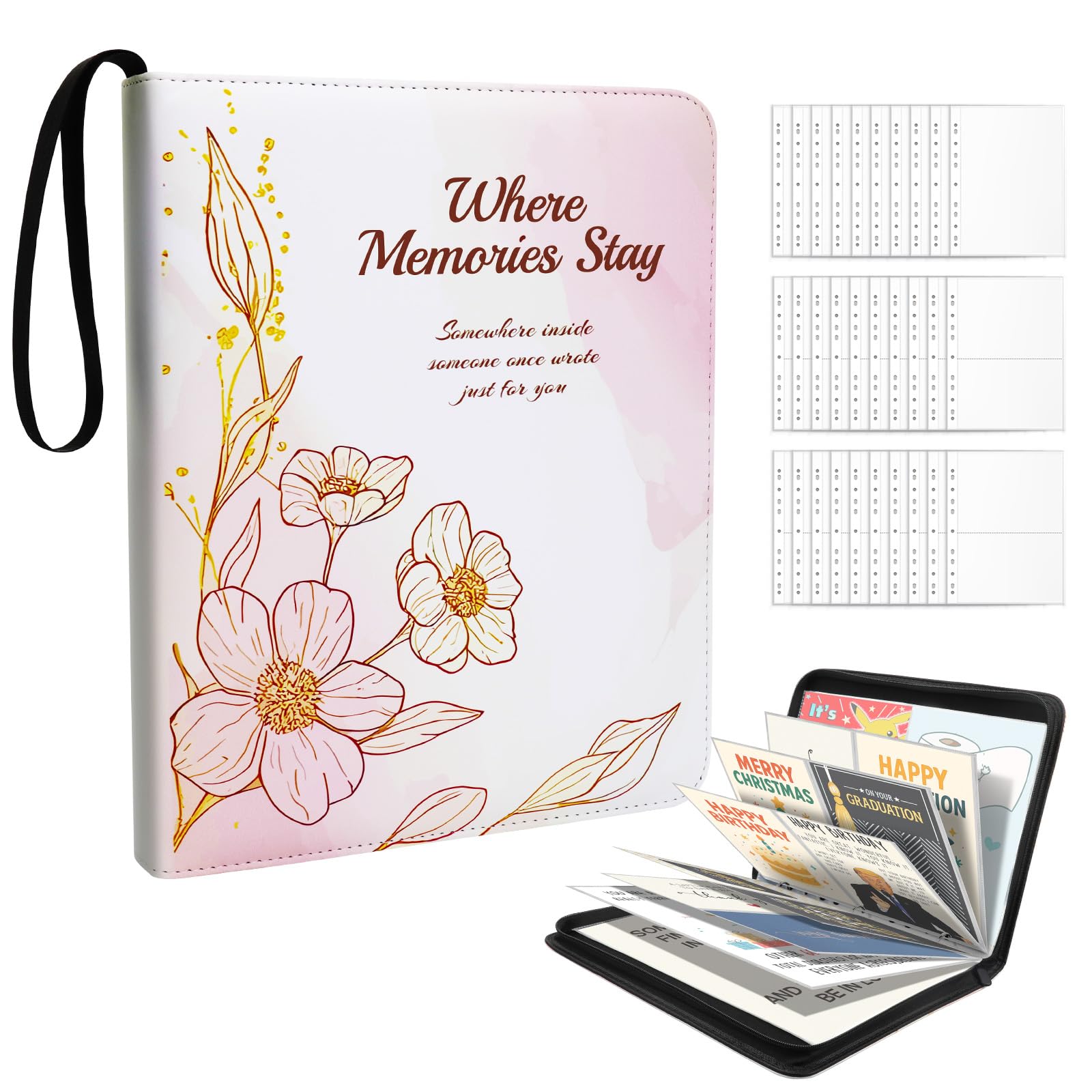 PZRLit Greeting Card Organizer Binder for 5x7/8 A4 Cards – 100 Pockets Post Card Album Holder with Clear Sleeves Storage Leather Book for Photos,