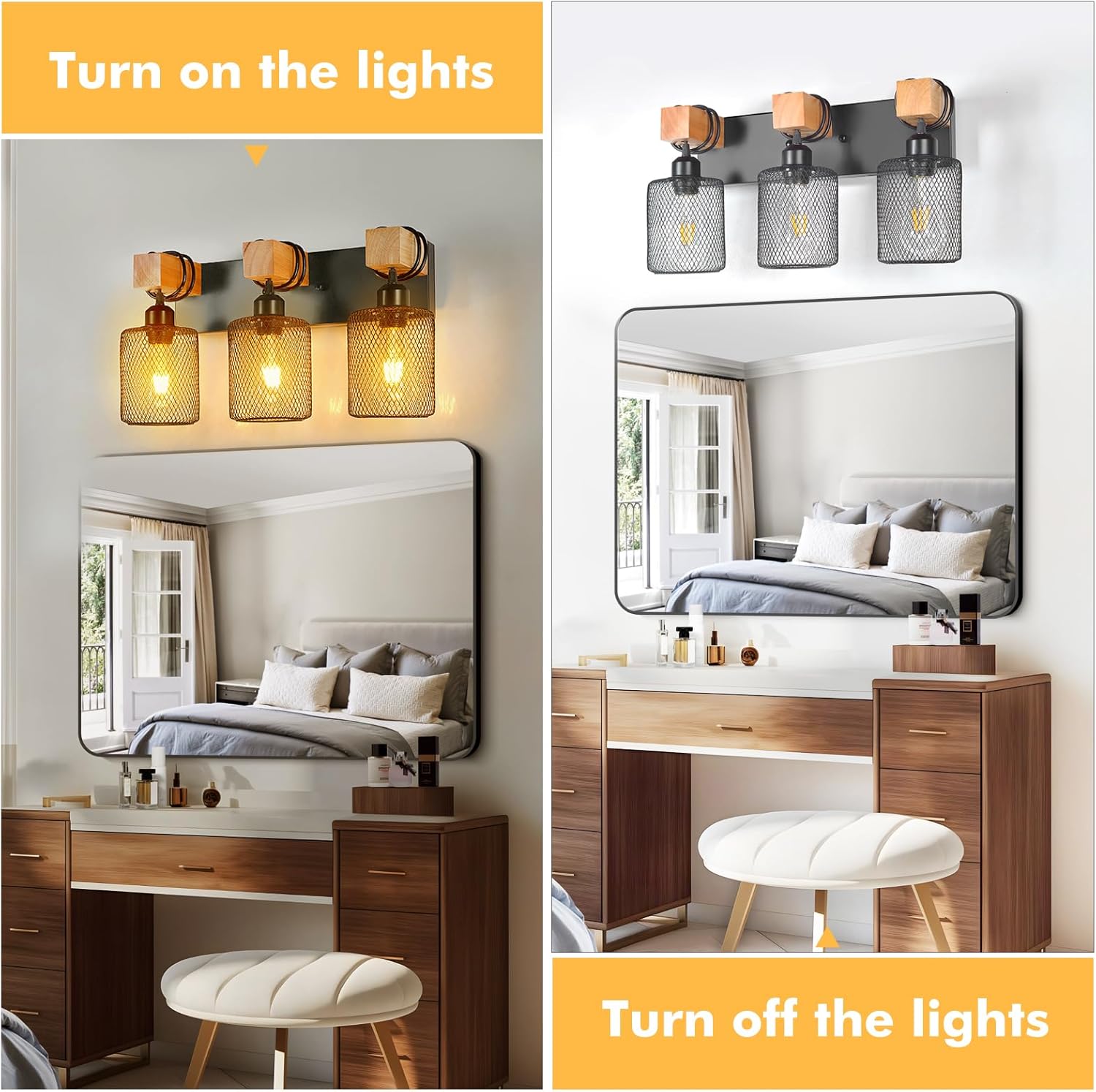 Farmhouse Bathroom Light Fixtures Black, 3-Light 20 inch Wood Bathroom Lighting Fixtures Over Mirror, Rustic Vanity Lights with Metal Mesh Lampshade for Bedroom, Hallway, Living Room