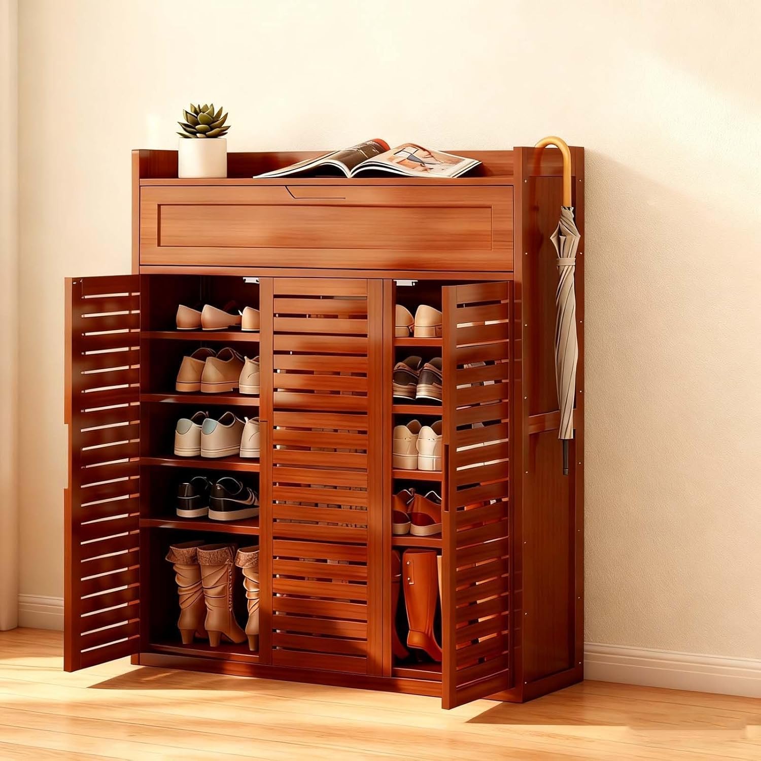 7-Tier Bamboo Shoe Cabinet with Doors - Narrow Enclosed Storage Rack for Entryway, Hallway, Living Room - Multi-Functional Organizer for Shoes and Accessories