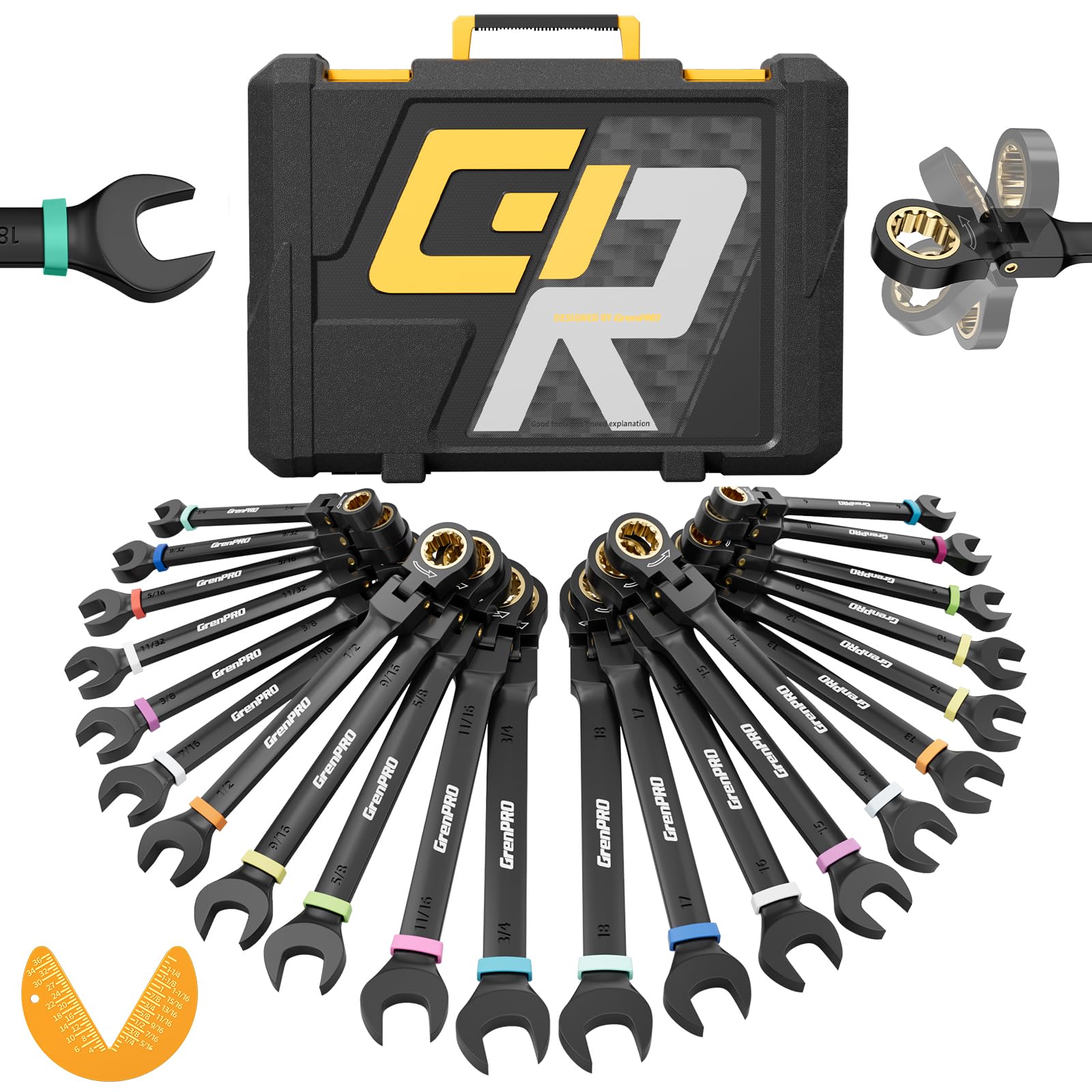 GRENPRO 23PC Flex Head Ratcheting Wrench Set SAE &amp; Metric Combination Sets | 1/4"-3/4"&amp;6-18mm Bolt Gauge, Electro-Coated 72-Tooth 180° Open End 12Pt, Color Rings, Roll Pouch for Auto&amp;Home Repair