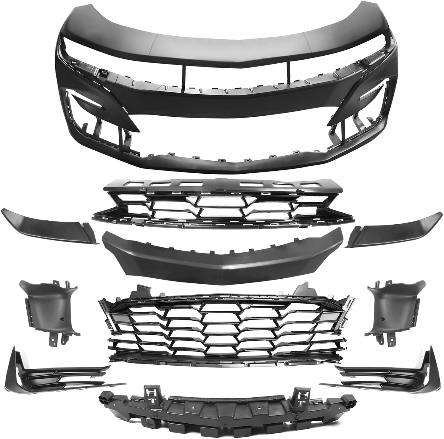 IKON MOTORSPORTS, Front Bumper Cover Compatible With 2019-2024 Camaro LS LT LT1, 19 SS Style Unpainted Black PP Bumper Conversion Guard Bodykit