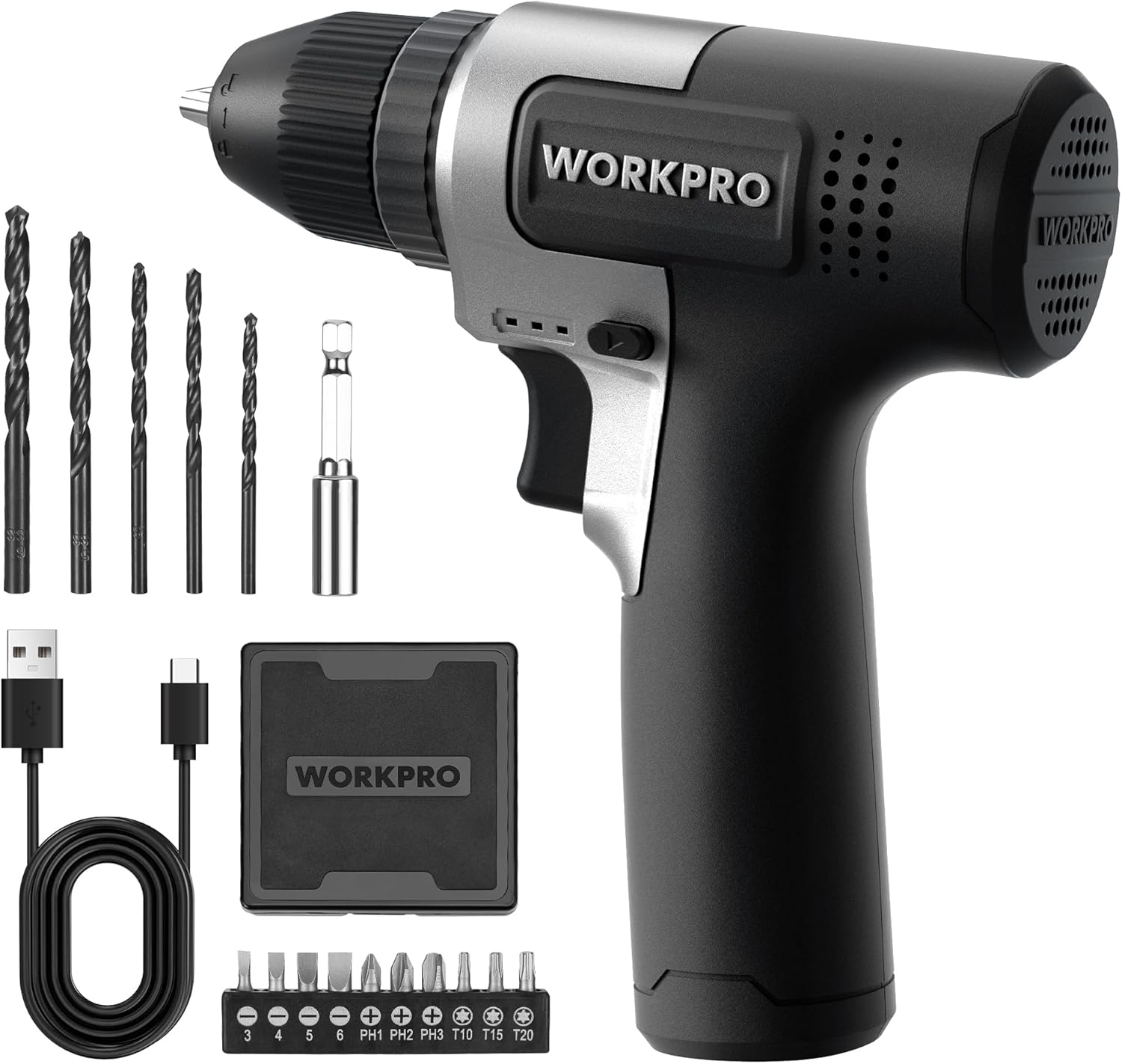 WORKPRO 8V Cordless Drill Set, 2Ah Electric Power Drill with 3/8” Keyless Chuck, 15pcs Bits, Type-C Charging, Built-in LED and Variable Speed for Drilling and Screwing
