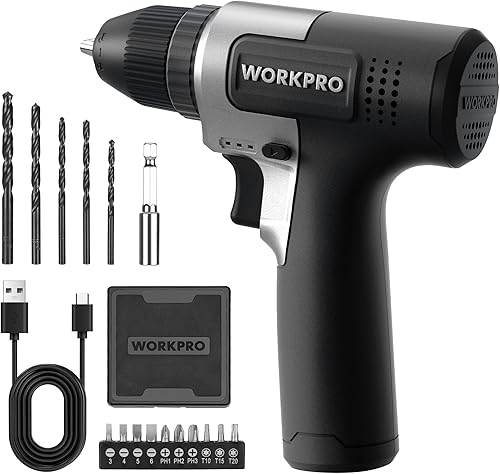WORKPRO Juego de taladro inalámbrico de 8 V, taladro eléctrico de 2 Ah con portabrocas sin llave de 3/8 pulgadas, 15 puntas, carga tipo C, LED