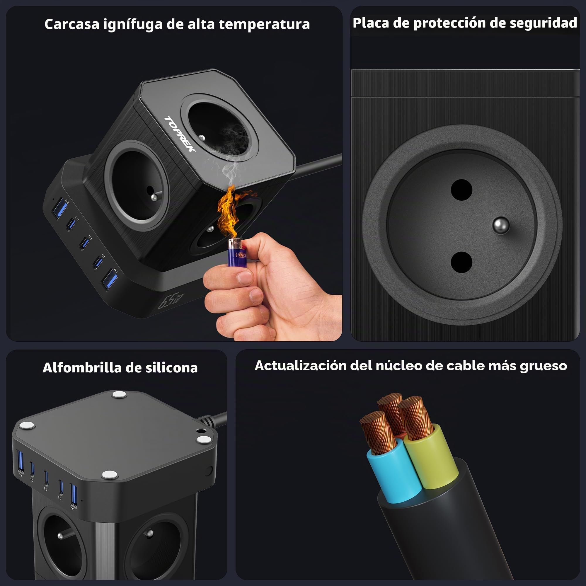 TOPREK Regleta Enchufe de 65W PD3.0 USB-C en Forma de Cubo, Cable alargador de 5 vías (16A/4000W) con Enchufe múltiple y Seguridad para niños, Cable alargador de 2m, Torre de alimentación FR