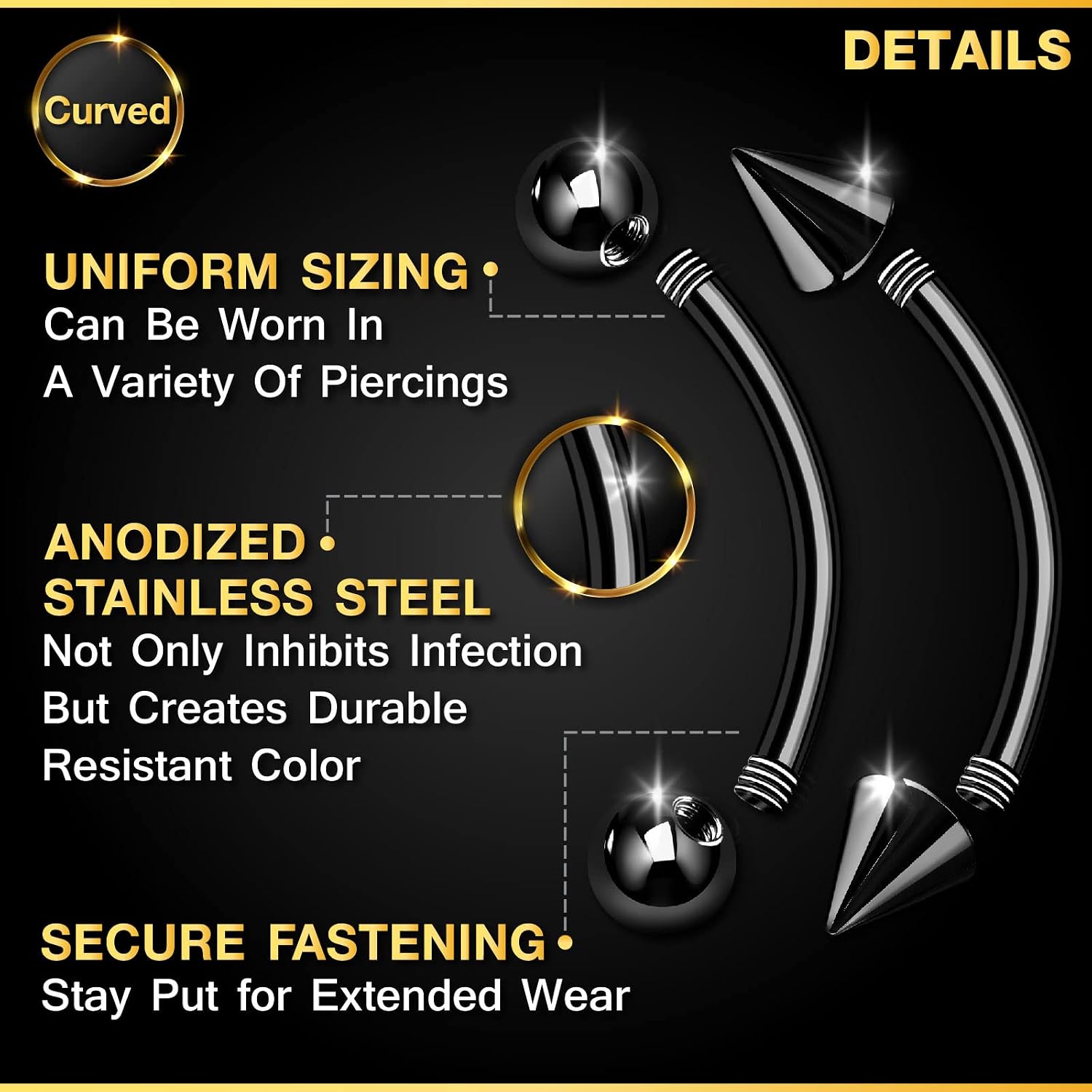 4PCS Stainless Steel Black Curved Barbell Bar 14 Gauge 4mm Ball Spike Nose Earrings Eyebrow Piercing Jewelry See More Sizes (4pcs 10mm bar)
