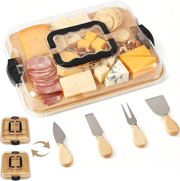 Tabla de Charcutería con Tapa Transparente, Tabla de Queso de Bambú de Doble Cara, Bandeja Portátil