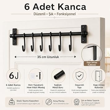 Alper Banyo 6 Kancalı Retro Askılık, 35 cm Siyah Plastik Duvar Askısı, Hem Yapışkanlı Hem Vidalı Montajlı Fincan Askısı, Kahve Köşesi ve Mutfak Düzenleyici Kupa Askılığı