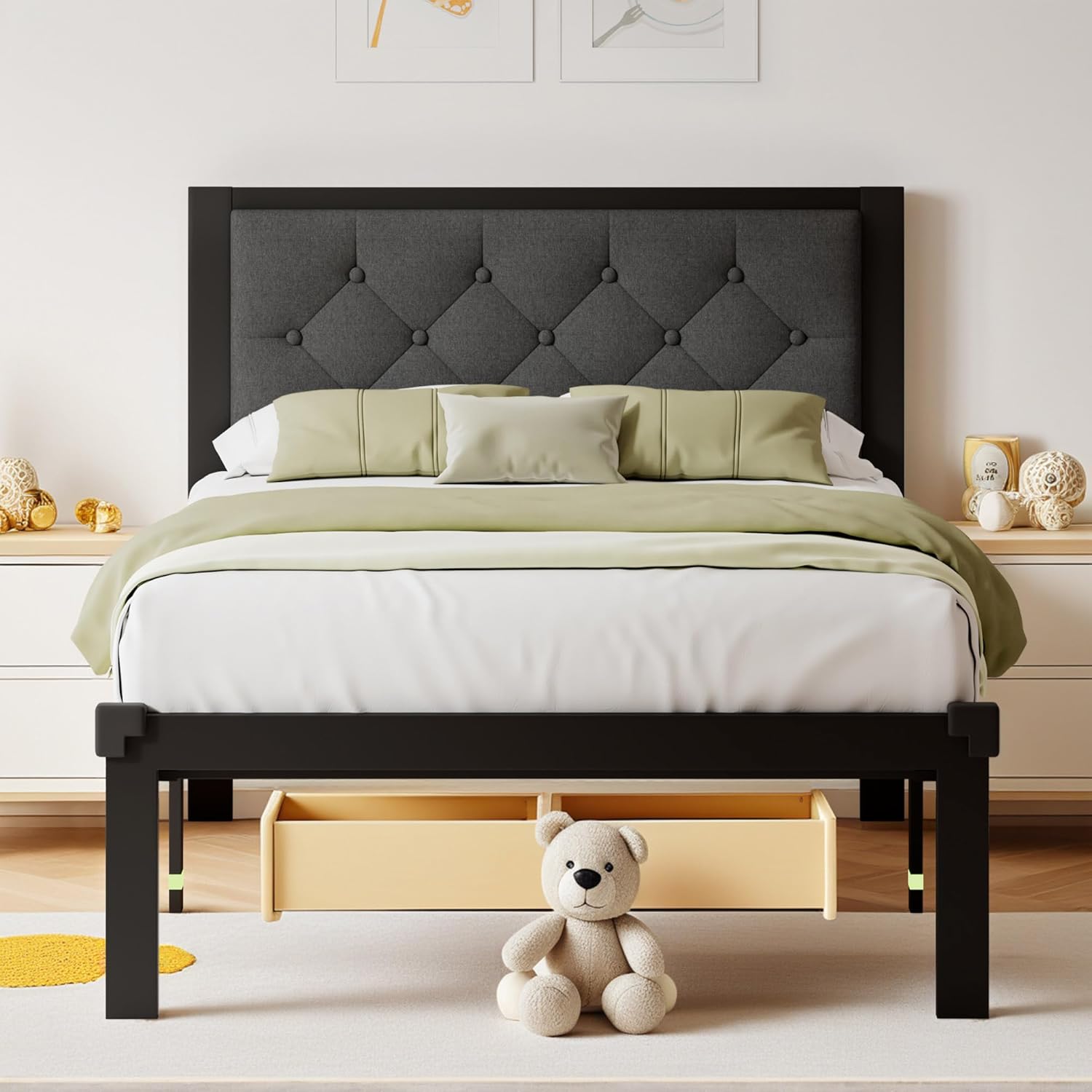 Twin Metal Bed Frame with Upholstered Linen Headboard, Modern Platform Bed with Metal Slats, 12" Underbed Storage, No Box Spring Needed, Noise Free, Dark Gray