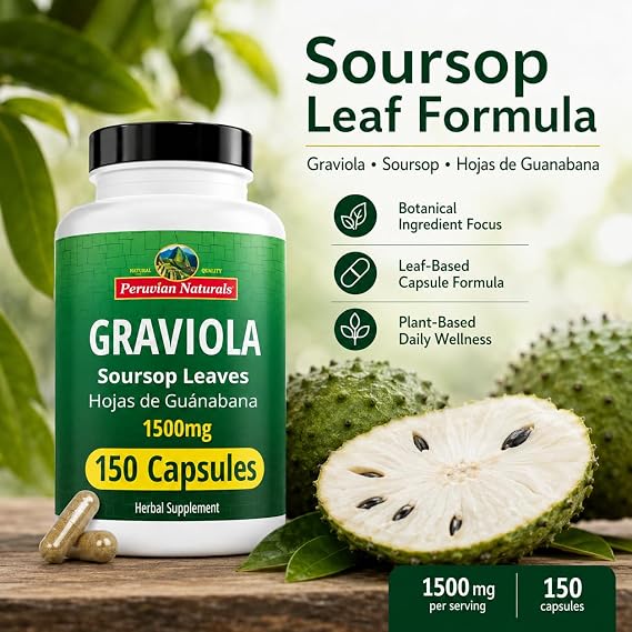Peruvian Naturals Graviola Soursop Capsules, 150 Count 1500 mg of Premium Soursop Extract from Hojas de Guanabana, Non-GMO, Vegan, Gluten-Free