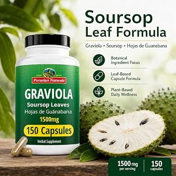 Peruvian Naturals Graviola Soursop Capsules, 150 Count 1500 mg of Premium Soursop Extract from Hojas de Guanabana, Non-GMO, Vegan, Gluten-Free