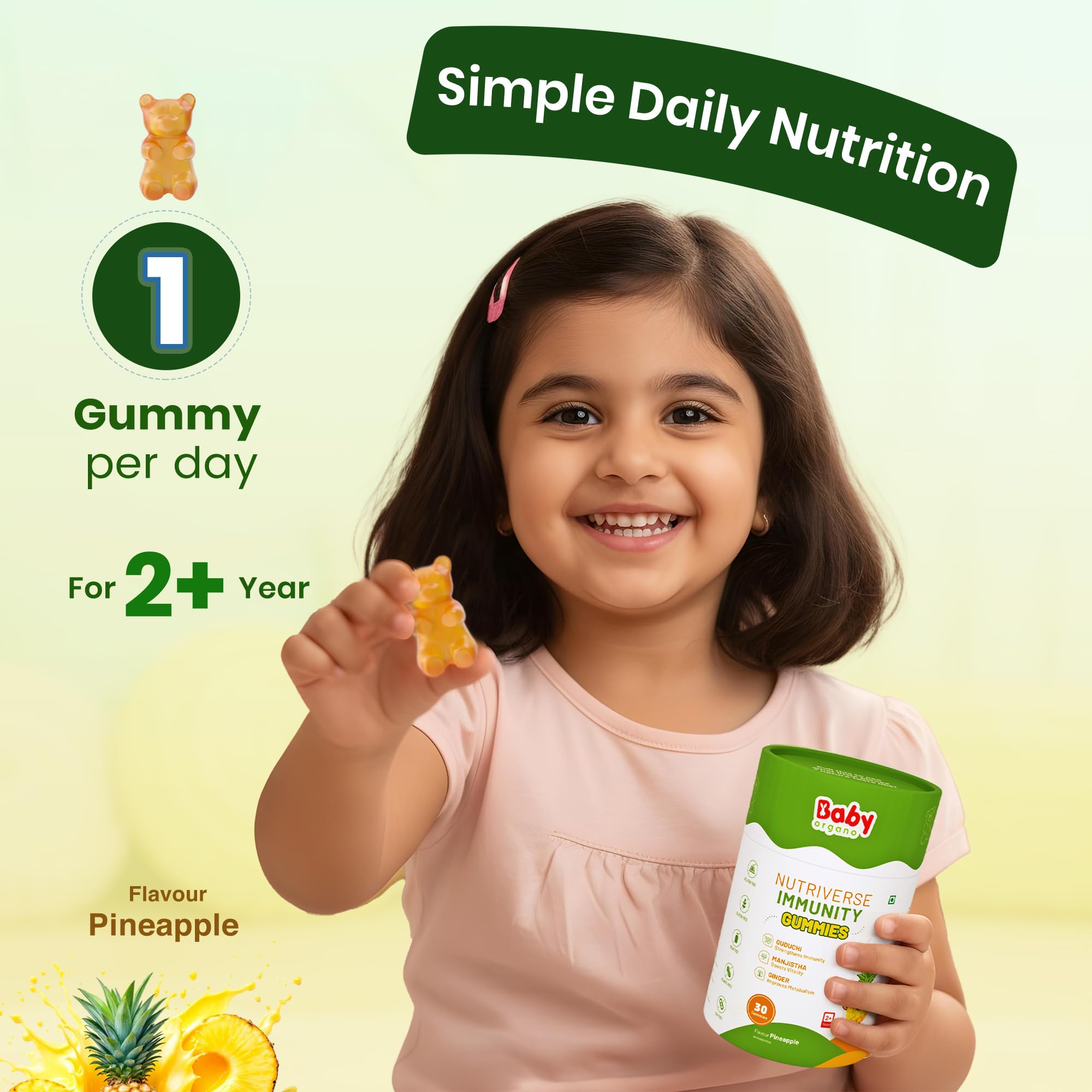 BabyOrgano® Nutriverse Immunity Gummies for Kids (2-15 Years) | 4+ Ayurveda-Inspired Herbs | Boosts Stamina, Energy & Vitality | Gelatin-Free, Gluten-Free, Soy-Free | Pineapple Flavor | 30 Gummies – New Launch - Image 7 thumbnail