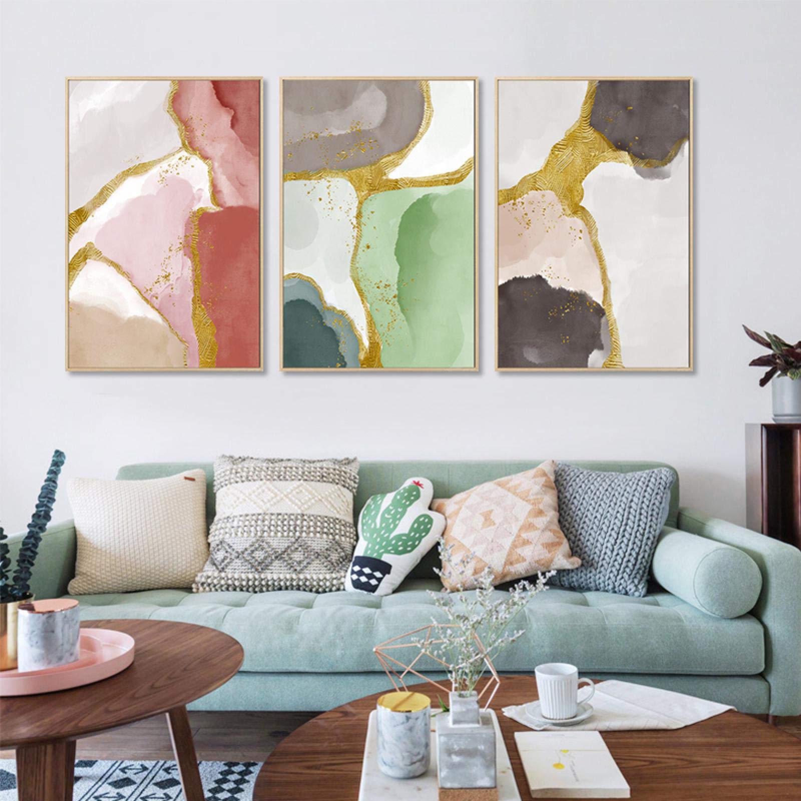 Affiche murale abstrait marbre rose or géométrique triptyque 60x80cm pour décoration salon