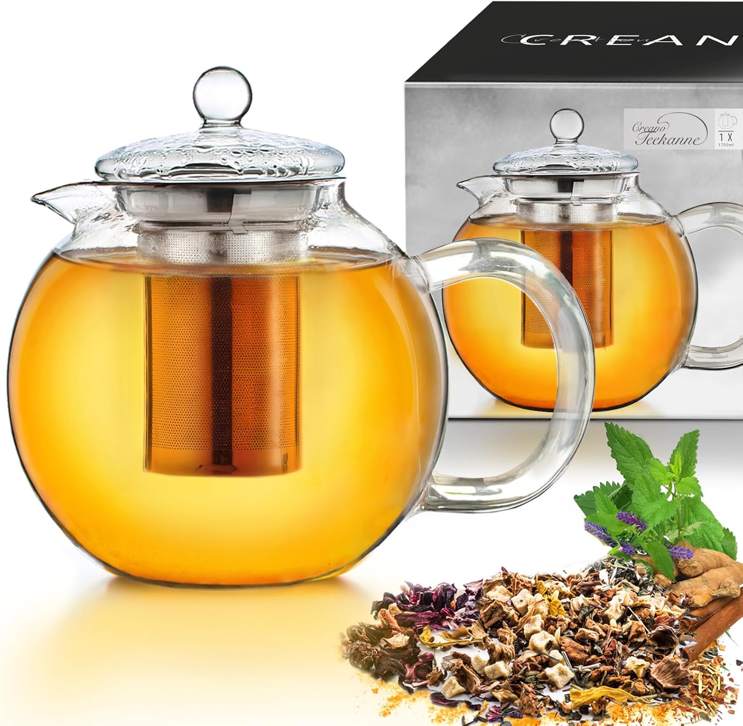 Creano Glass Teapot 1.7 L 3-Part Tea Maker with Integrated Stainless Steel Strainer and Glass Lid Ideal for Making Loose Teas Drip Free All-in-One