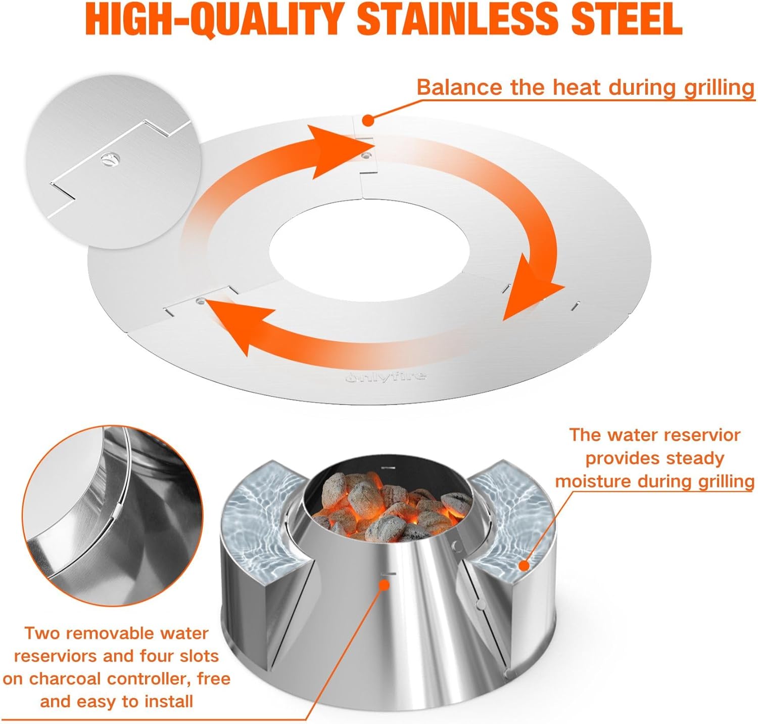 onlyfire Charcoal Ash Basket with Diffuser Ring & Water Reservoirs - Heavy Duty Stainless Steel Charcoal Holder for Weber 22" & 26" Kettle Grills, Accessories for Snake Method, Slow Roasting