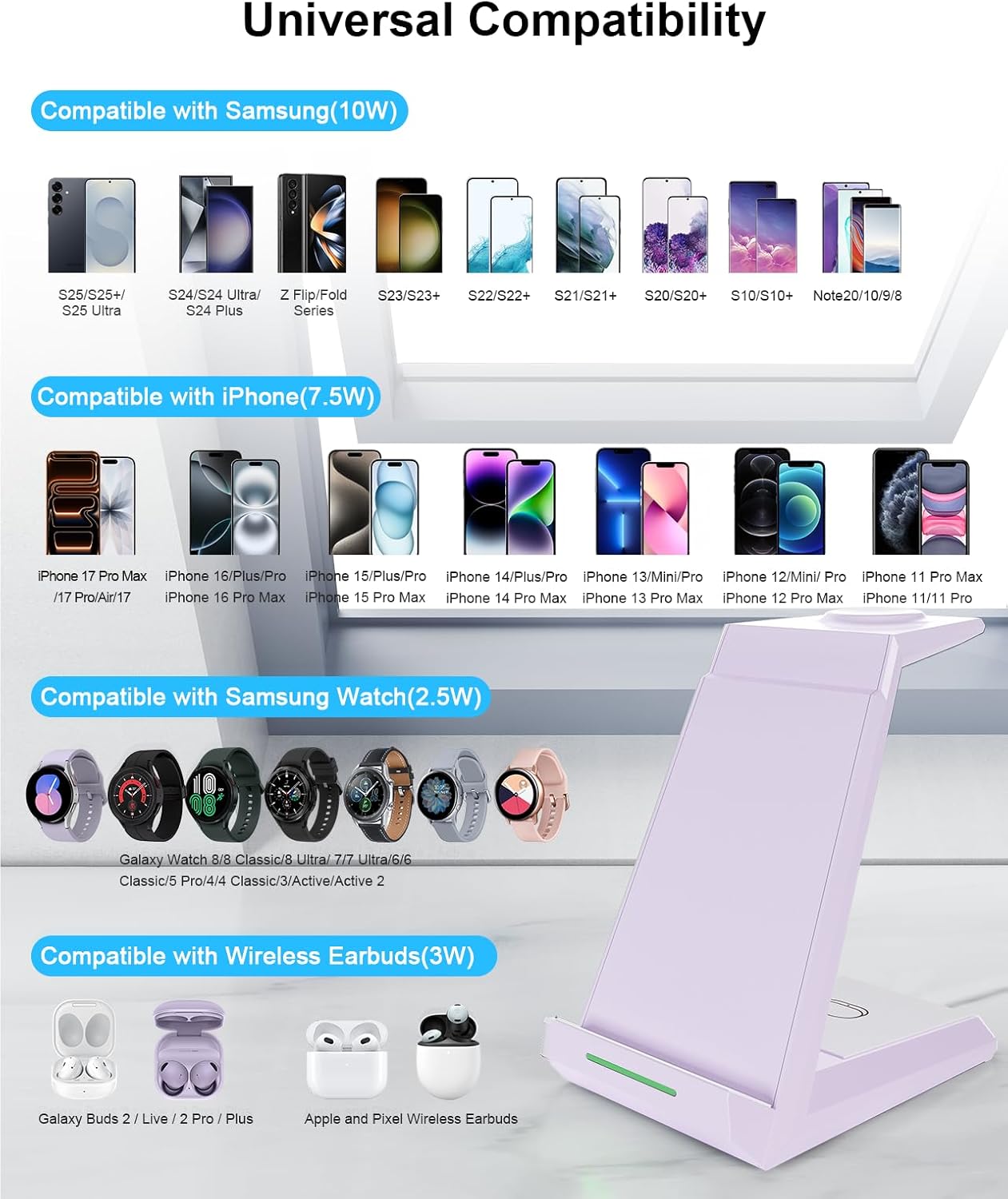 Wireless Charger for Samsung - NANAMI 3 in 1 Charging Station for Multiple Devices,Fast Charger Stand Dock for Galaxy S26 S25 S24 S23 Ultra S22 S21 Z Flip Fold,Galaxy Watch 5/5 Pro/4/3,Galaxy Buds Pro