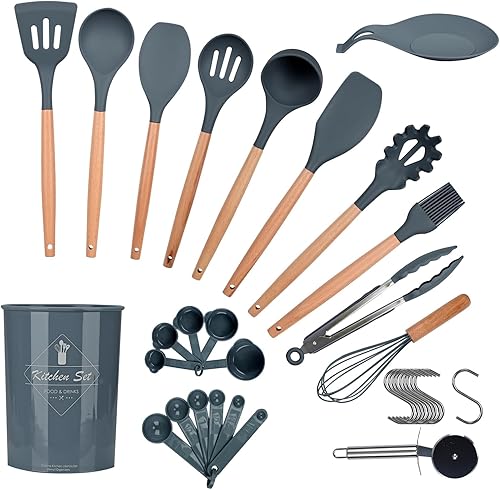 ONATISMAGAIN - Juego de utensilios de cocina de silicona, 35 piezas, resistentes al calor, antiadherentes, con mango de madera, adecuados para