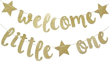 Welcome Little One Glitter Banner, Pre-strung Baby Shower Banner, Gender Reveal Party Decor Gold