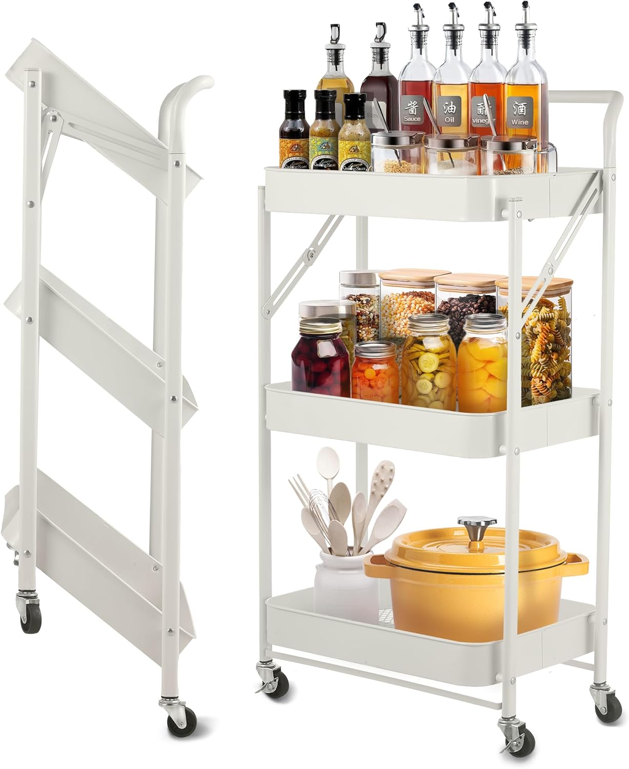 Upgraded Version Pink Folding Storage Rack 3-Tier Mesh Storage Shelf Portable Closet Shelving Unit with 360°Removable Wheels for Kitchen/Living Room/Bathroom/Laundry Room/Pantry/Garage (white)