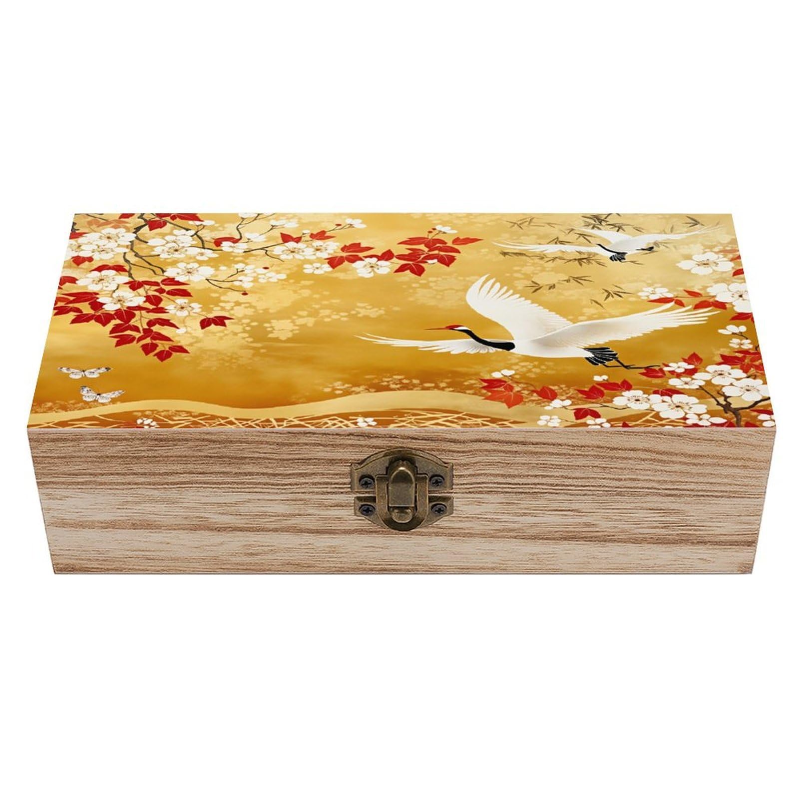 peiyeety Vintage Cherry Blossoms And White Cranes Rustic Wooden Jewelry Box with Hinged Lid - Vintage Natural Wood Keepsake Trinket Storage Organizer Gift Box, 7.9×3.9×2.3 Inch