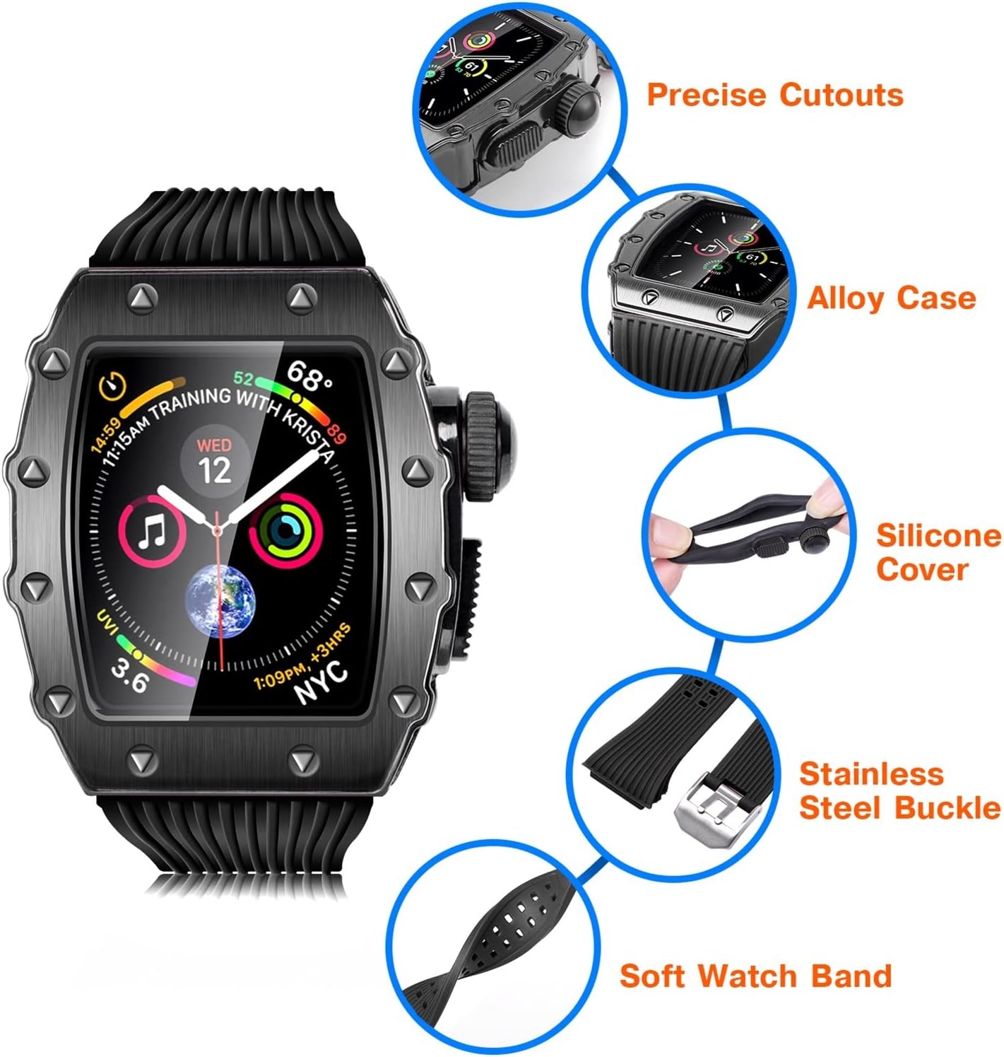 DIY Metal Watch Case+Strap For Watch 44mm 3in1 Silicone Watch Band For i-watch Series SE 7 6 5 4 Modification Kit Accessories