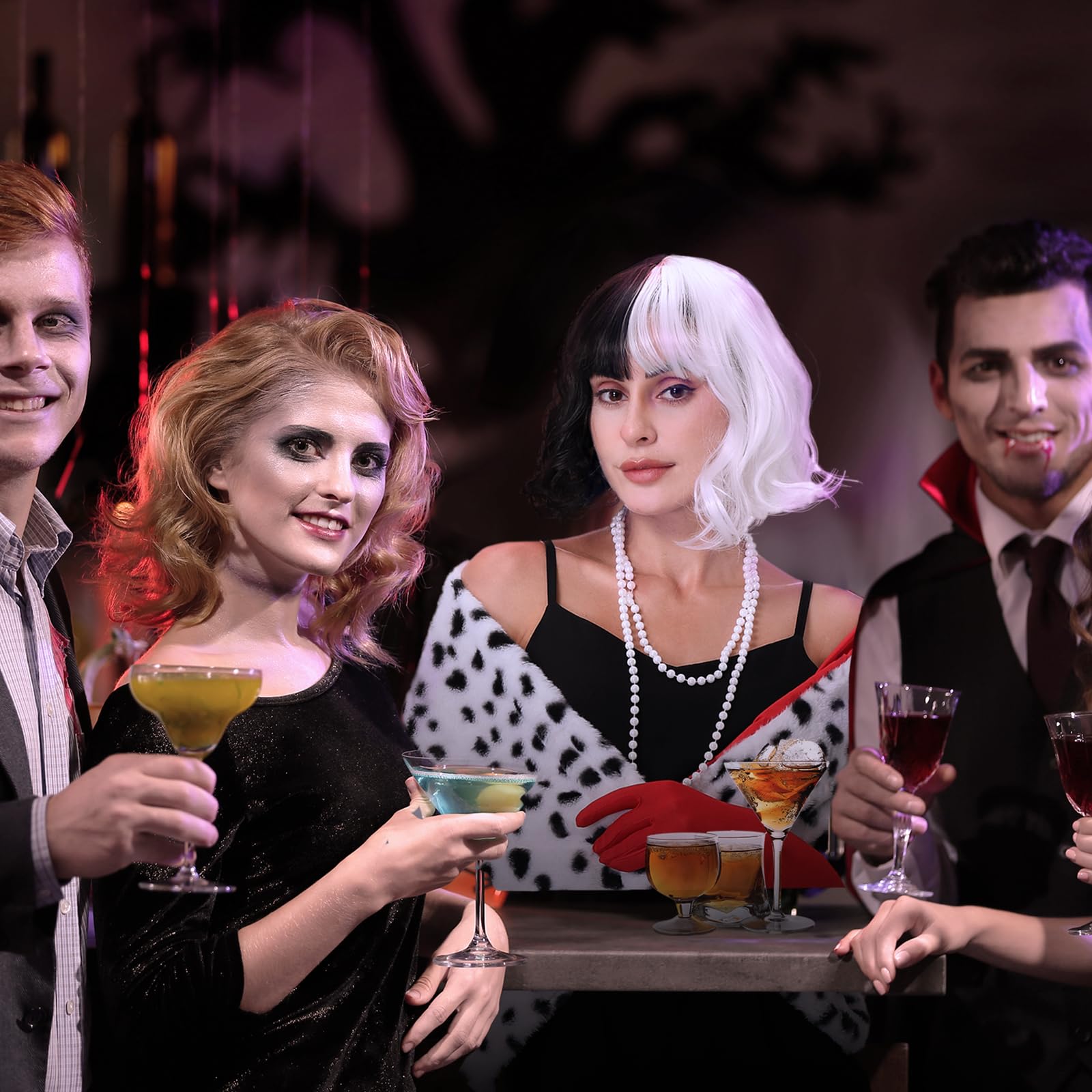 Aragallant Cruella Parrucca in Bianco e Nero, Costume Crudelia Demon Donna, Parrucca Crudelia Demon, Costume di Halloween Accessori con Guanti Rossi, Collana