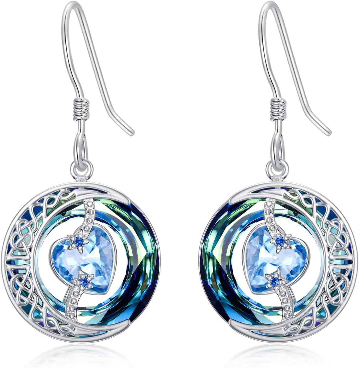 TOUPOP Birthstone Earrings for Women 925 Sterling Silver Moon and Star Dangle Earrings with Blue Crystal Birthday Jewelry Valentines Day Gifts for Her Mom Wife