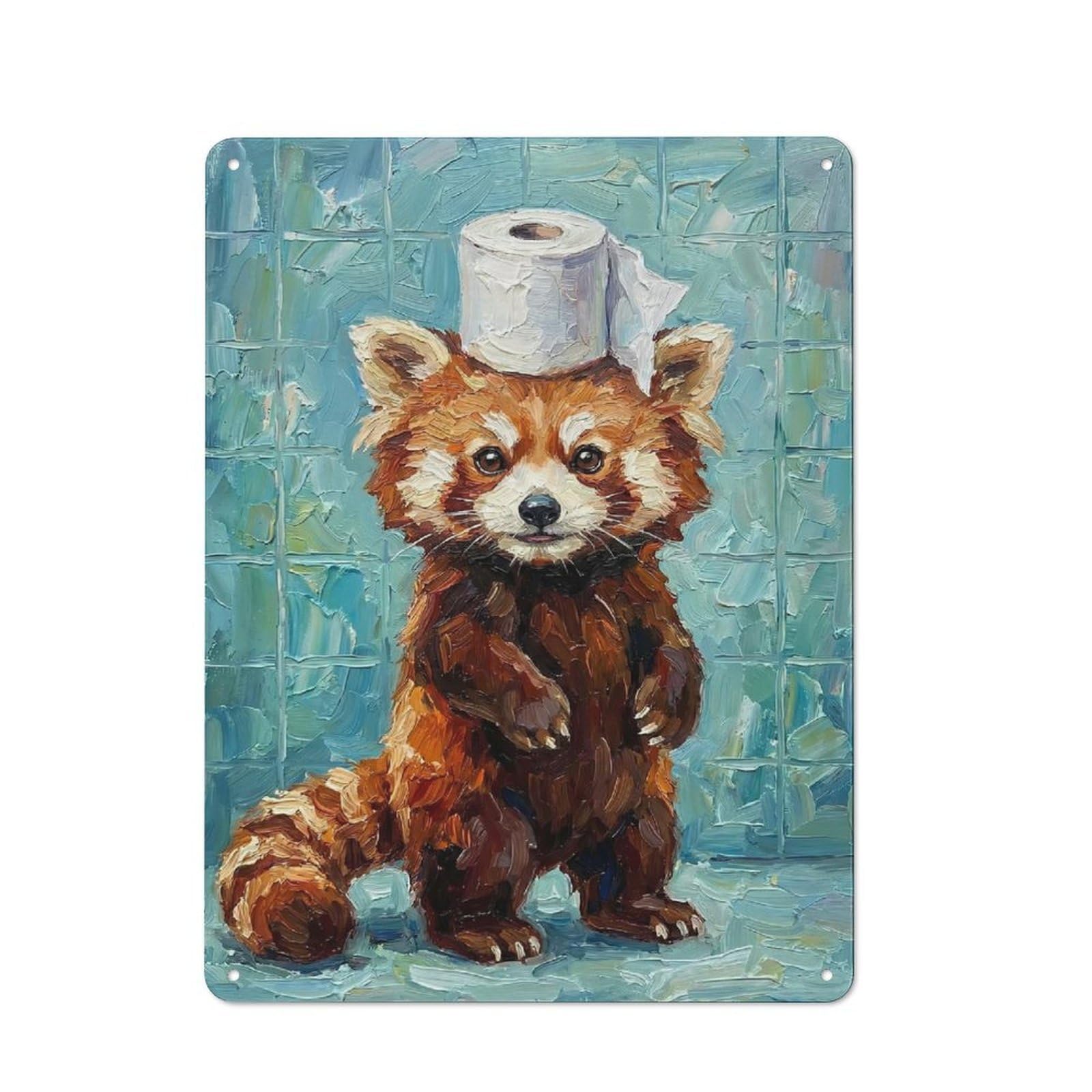 Junmoney Style-11 Red Panda With Toilet Paper Warehouse Style Metal Wall Decor 40X30cm, Tin Wall Sign For Modern Home, Workshop, Office Or Cafe