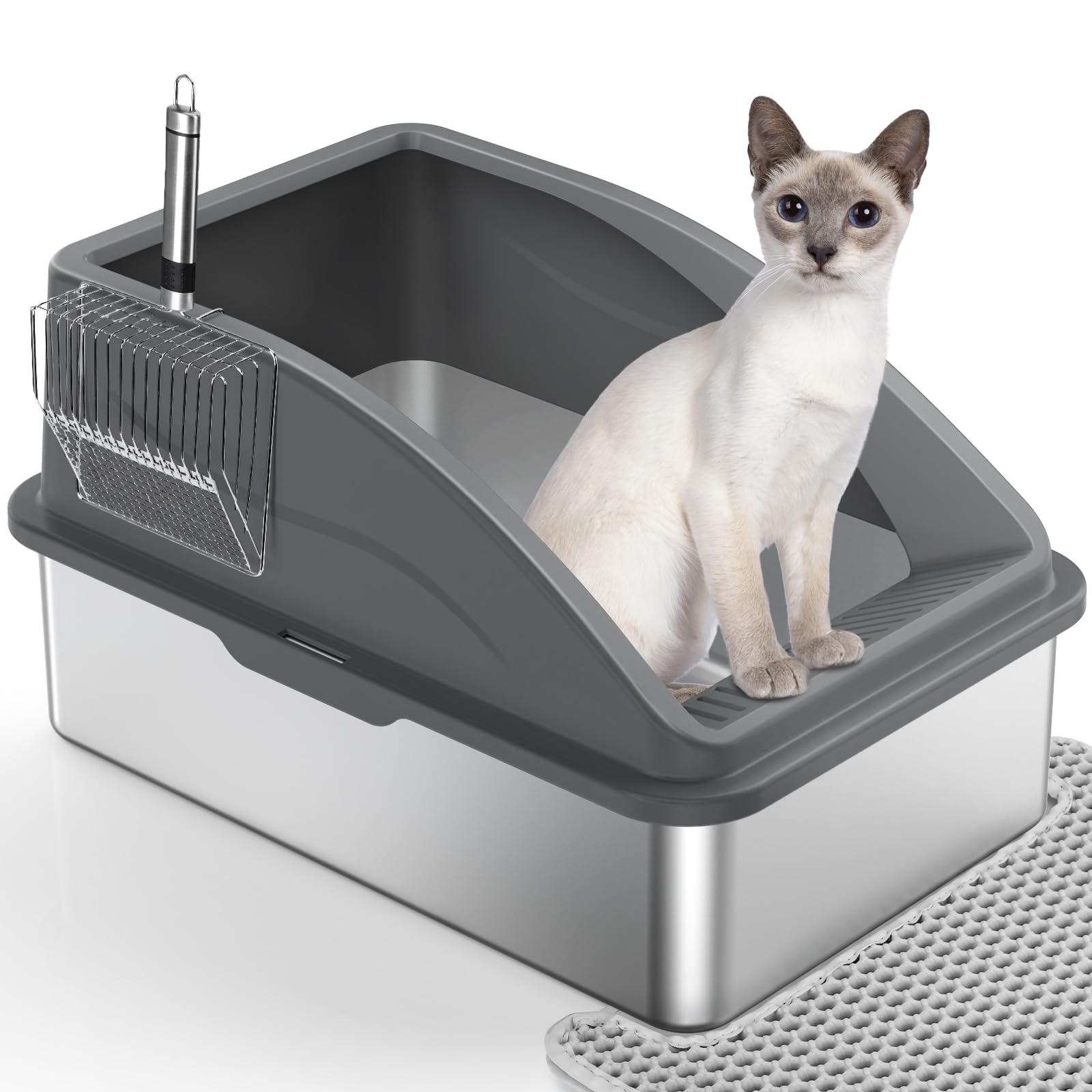FURTIME Lettiera Gatto, 20 L Lettiera Acciaio Inox, Lettiera Gatto Grande, Lettiera Anti-perdite, XXL Litter Box