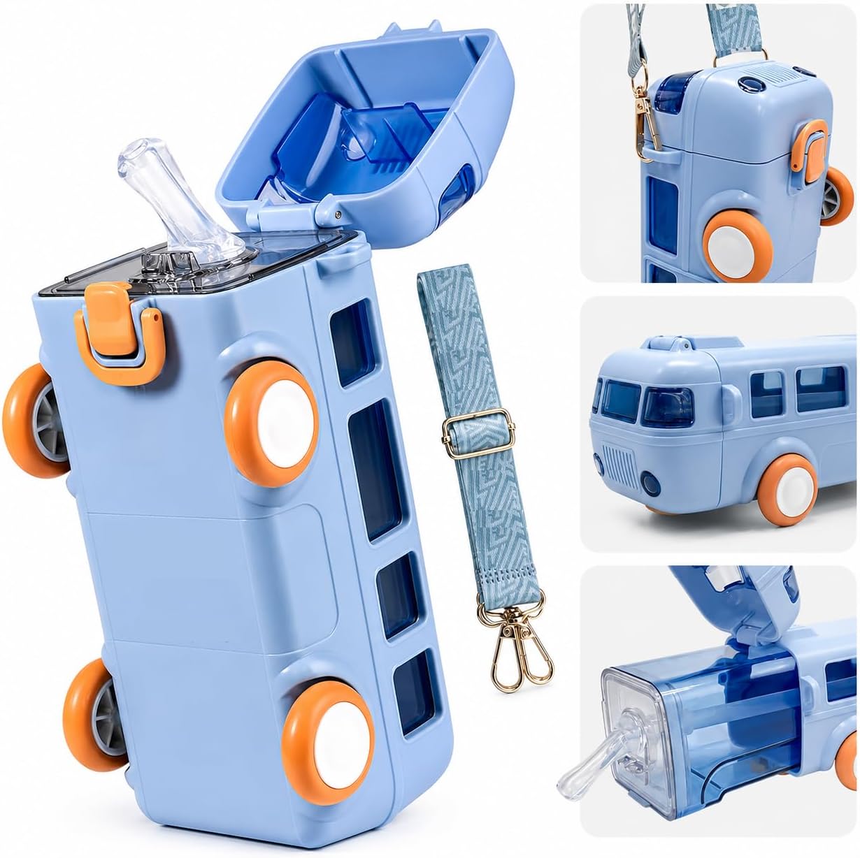 PLUSPOINT Bus Shape Water Bottle for Kids Detachable Straw with Shoulder Strap Leak-Proof Cartoon Water Bottle with Wheels (Color-Blue), Silicone, 500 ML
