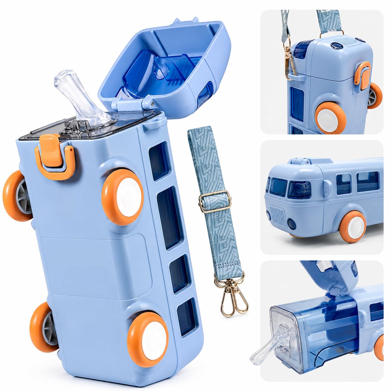 PLUSPOINT Bus Shape Water Bottle for Kids Detachable Straw with Shoulder Strap Leak-Proof Cartoon Water Bottle with Wheels (Color-Blue), Silicone, 500 ML
