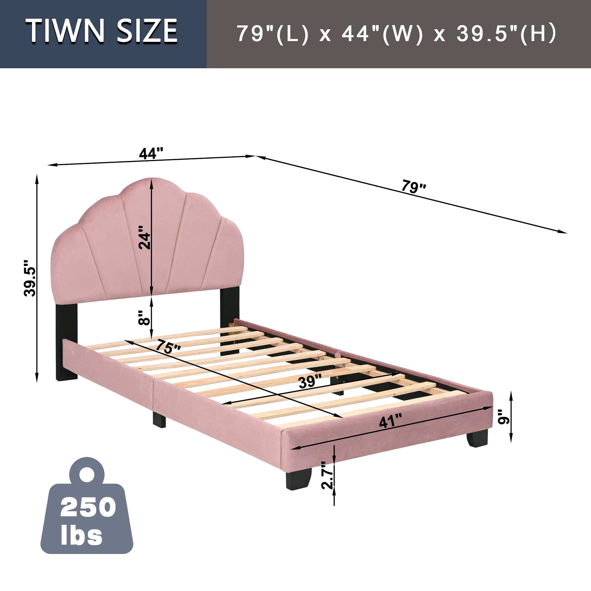 Twin Size Upholstered Platform Beds,Velvet Wooden BedFrame,Cute Bed Frame with Shell Design Headboard for Girls Boys Teens, No Box Spring Needed,Easy Assembly,Pink (Pink)