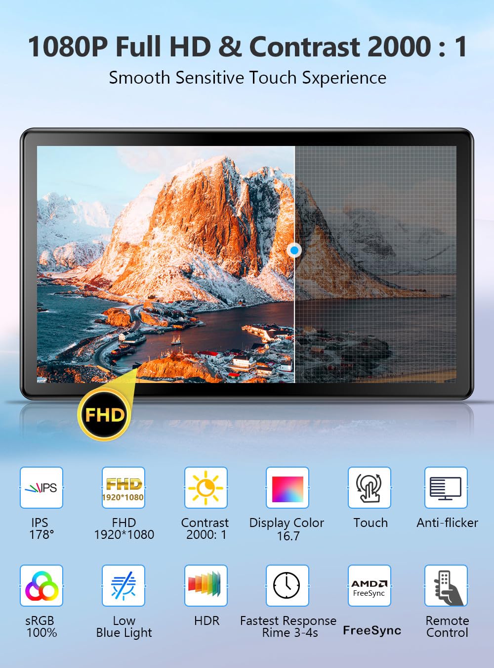 UPERFECT 15,6" Monitor Portátil Táctil, 2000:1, DVI VGA Compatible con VESA